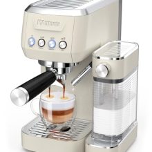 MAttinata Espresso Machine with 20 Bar Pressure and Automatic Milk Frother in Beige, perfect for making espresso, cappuccino, and latte at home.