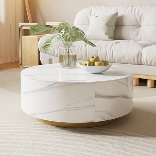 Modern Round Marble Coffee Table with Storage – White Sintered Stone Drum Table Fully Assembled for Living Rooms and Offices