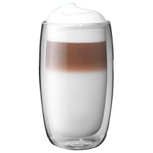 Set of two 11.8 oz ZWILLING Sorrento double-walled latte glasses, made from borosilicate glass, perfect for hot and cold beverages, displayed on a modern kitchen counter.