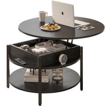 FABATO Black Round Lift Top Coffee Table with Storage - Compact Farmhouse Style for Living Room