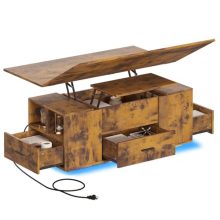 Multi-functional rustic brown lift-top coffee table with LED lights, storage drawers, and power outlets, perfect for small living spaces