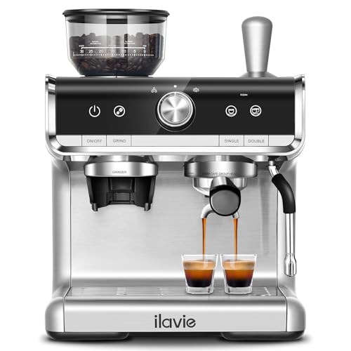 ILAVIE 20 Bar Espresso Coffee Machine in stainless steel with built-in grinder and milk frother