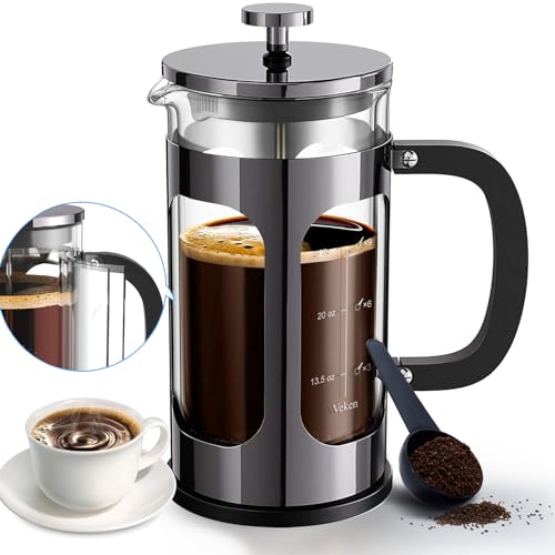 Veken French Press Coffee Maker – 27 oz Double Wall Heat Resistant Borosilicate Glass Plunger Coffee Pot, Ideal for Brewing Fresh Coffee and Easy Cleaning