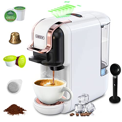 Compact White 5-in-1 Pods Coffee Maker with 19-Bar Pressure and LED Indicator - Brew Hot or Iced Coffee at Home