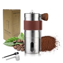 Manual Stainless Steel Coffee Grinder with Adjustable Settings and Anti-Slip Handle, Featuring Walnut Wood Details and Included Cleaning Brush and Measuring Spoon