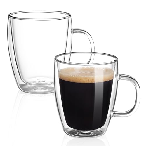 Set of 2 Double Wall Insulated Glass Coffee Mugs, 12 oz capacity each. Clear borosilicate glass with handles, perfect for hot and cold beverages