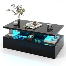 Tangkula Modern Black Coffee Table with 20-Color LED Lights and Adjustable Settings – Stylish 2-Tier Design for Living Room