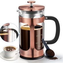 Veken French Press Coffee Maker – 27 Oz Double Wall Borosilicate Glass with Copper Accents and 4-Level Filtration System