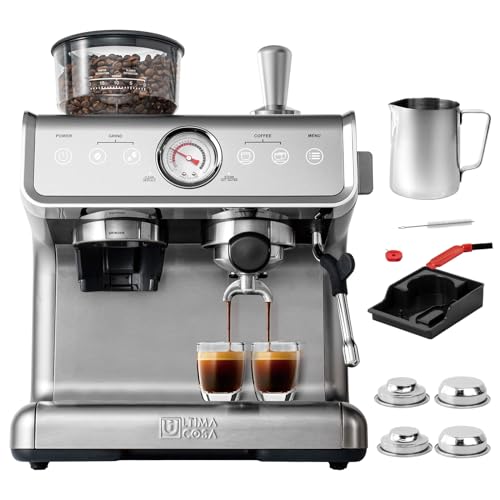 Ultima Cosa Espresso Machine in silver with built-in grinder and milk frother. Features include a 15-bar Italian pump