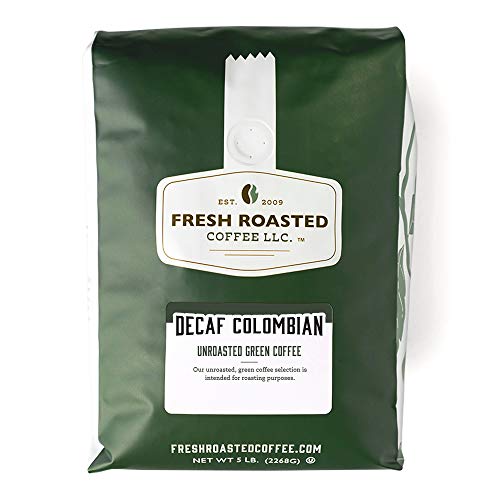 A 5 lb bag of unroasted decaf Colombian coffee beans, perfect for home coffee roasters, featuring sustainably sourced, Kosher-certified beans ideal for crafting custom decaf coffee roasts