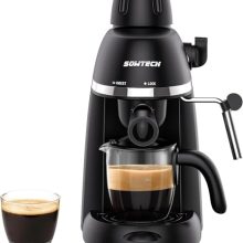 SOWTECH espresso coffee machine in black with a milk frother, featuring a 3.5 bar pressure system, one-touch operation, and a 1-4 cup capacity. Includes carafe, filter, and frothing accessories