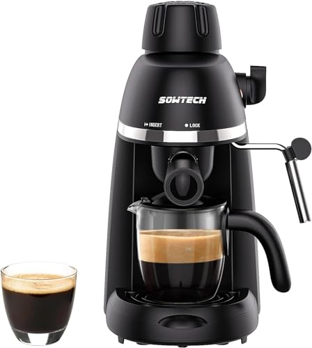 SOWTECH espresso coffee machine in black with a milk frother, featuring a 3.5 bar pressure system, one-touch operation, and a 1-4 cup capacity. Includes carafe, filter, and frothing accessories