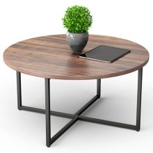 Modern round coffee table with rustic brown wooden top and black metal frame, perfect for contemporary living rooms and small spaces.