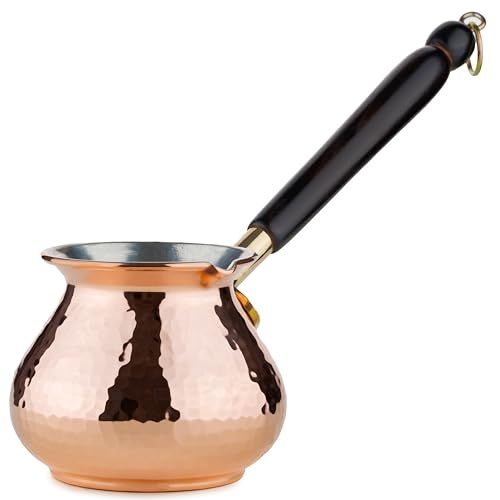 Handcrafted solid hammered copper Turkish coffee pot with long handle, perfect for brewing coffee, warming milk, and making sauces