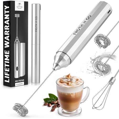 Zulay Kitchen Rechargeable Milk Frother with Case – Compact Handheld Foam Maker for Lattes and More, Silver