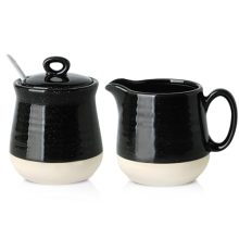 3-piece black porcelain sugar and creamer set including a creamer pitcher, sugar bowl with lid, and spoon. Elegant and practical design suitable for hot and cold foods, microwave and dishwasher safe.