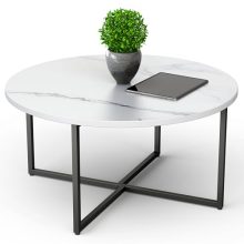 Modern round coffee table with white marble wooden top and metal frame, ideal for enhancing living room decor. 