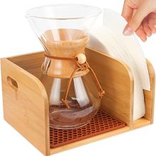 Bamboo caddy for Chemex and Bodum coffee makers with heatproof trivets mat, showing its elegant and functional design