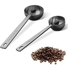 Premium black stainless steel coffee scoop set, featuring long handles and 1 & 2 tablespoon measuring spoons, perfect for coffee and kitchen use