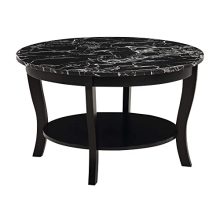 American Heritage Round Coffee Table with Black Faux Marble Top and Two-Tier Shelf – Elegant Accent Table for Living Room and Office