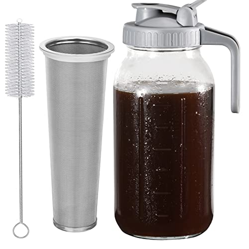 64 Oz Cold Brew Coffee Maker Pitcher with Stainless Steel Filter and Pour Spout - Mason Jar Design for Iced Coffee, Tea, and Lemonade