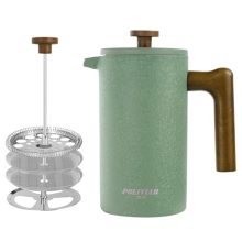 POLIVIAR French Press Coffee Maker with real wood handle and double wall insulation. 34 oz capacity stainless steel French press with dual-filter screen for smooth coffee and tea