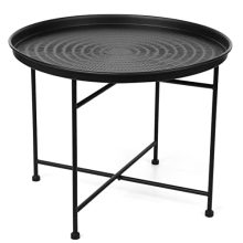 BIRDROCK HOME Black Iron Coffee Table with Hammered Round Top, featuring raised edges and lightweight design