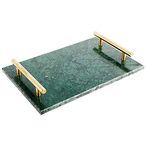 Handmade green marble decorative tray with copper-color metal handles. Ideal for organizing jewelry