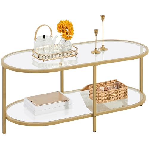 Elegant gold coffee table with oval glass top and lower storage shelf, perfect for small living rooms or stylish office spaces