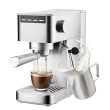 15-bar espresso machine with a powerful 1350W motor, milk frother, and 41oz removable water tank. Compact stainless steel coffee maker with intelligent control system for home or office use