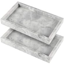 Two 6 x 10 inch Natural Marble Trays with Unique Patterns, Ideal for Coffee Tables, Vanities, and Kitchen Use. Features Smooth Surface, Non-Slip Pads, and Elegant Design