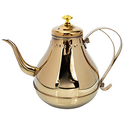 Vintage stainless steel teapot and Turkish coffee pot with a comfortable handle and built-in strainer. Elegant European style suitable for home and restaurant use.