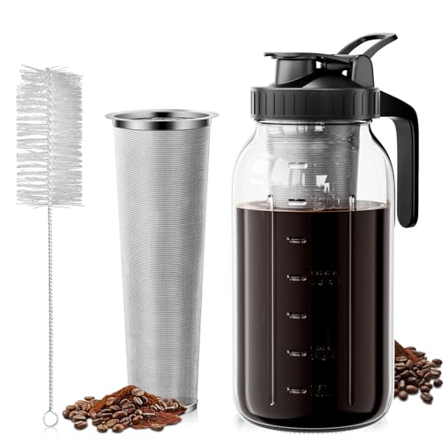 VA1KENE Cold Brew Coffee Maker 64oz - Black Mason Jar Pitcher with Stainless Steel Filter, Lid, and Spout for Iced Coffee and Tea