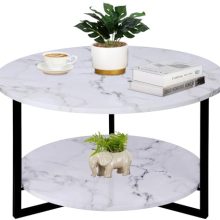 Modern Faux Marble Coffee Table with Dual-Tier Storage - Round White and Black Design for Living Rooms 