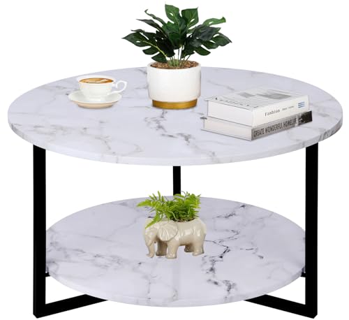 Modern Faux Marble Coffee Table with Dual-Tier Storage - Round White and Black Design for Living Rooms 