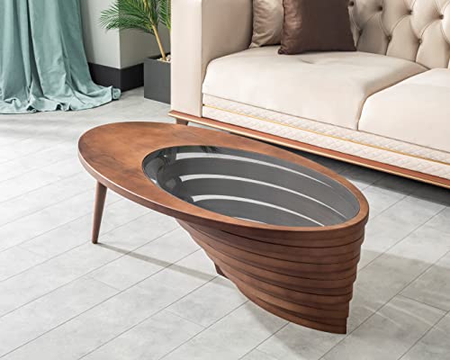 Rustic walnut veneer coffee table with a tempered glass top, perfect as an elegant and durable centerpiece for any living room.