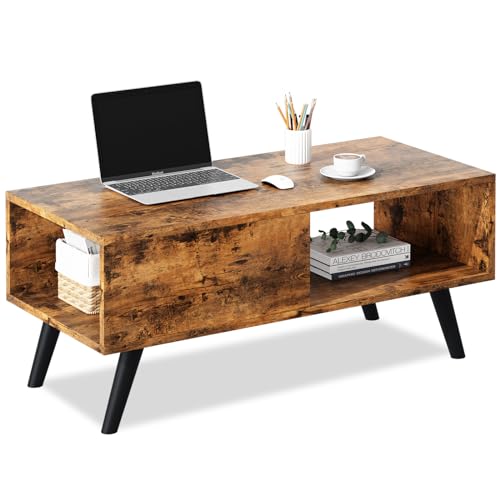 Rust Brown Wood Coffee Table with Open Shelf and Hidden Storage Compartment – Ideal for Small Spaces 