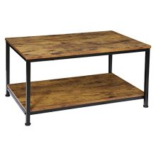 Industrial 2-tier coffee table with a retro brown wood top and black metal frame. Features ample storage with open shelves and a sturdy construction