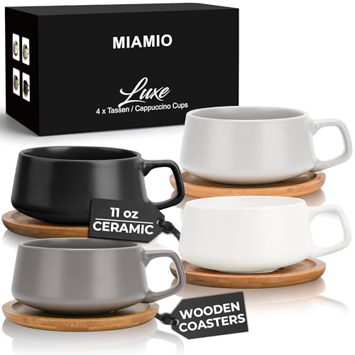 Set of 4 MIAMIO 11 Oz Pastel Ceramic Cups with Bamboo Saucers – Perfect for Cappuccino, Latte, Espresso & Tea