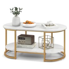 Modern White Marble Coffee Table with Gold Frame – 2-Tier Oval Accent Table for Stylish Living Rooms and Offices