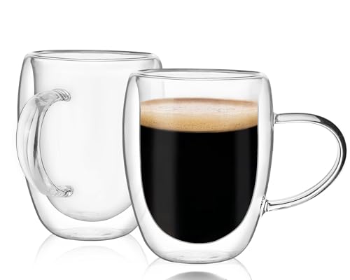 Set of 2 Clear 12 oz Double-Walled Glass Coffee Mugs with Ergonomic Design for Hot and Cold Beverages