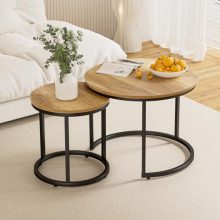 Smuxee Nesting Coffee Table Set of 2 - Round Tables with Adjustable Non-Slip Feet, Brown Wood Top, and Matte Black Metal Base - Ideal for Living Room, Bedroom, Balcony