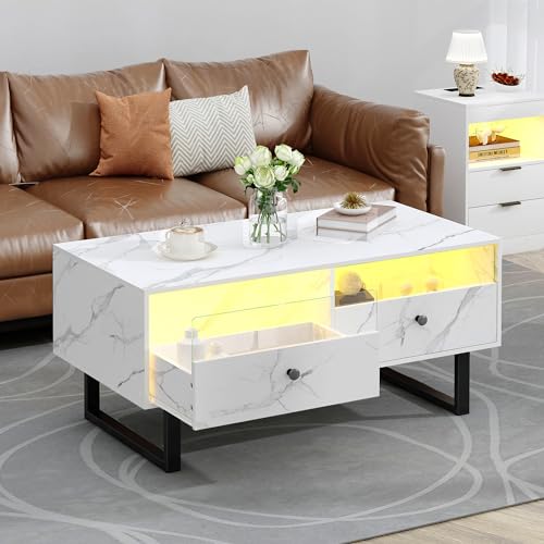 Modern White LED Coffee Table with Storage Drawers and Remote Control for Living Room