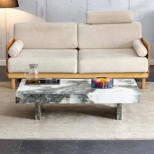 47.2” Rectangular Black and White Marble Coffee Table with Metal Storage – Modern Living Room Center Table