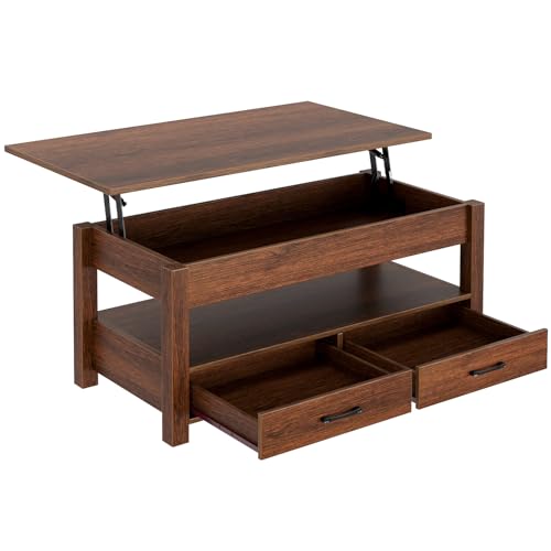 Rolanstar Lift-Top Coffee Table with Drawers and Hidden Compartment, Retro Industrial Style, Ideal for Living Room, Espresso Finish