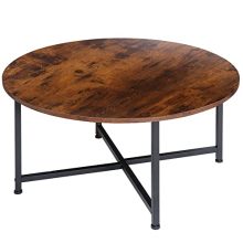 Rustic Round Coffee Table with Sturdy Metal Legs - 32 Inch Wooden Surface for Living Room