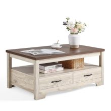 Wooden Farmhouse Coffee Table with Storage Drawers and Metal Handles – LINSY HOME Chic Style with Curved Base