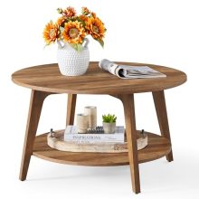 Modern 31.5-Inch Round Coffee Table with 2 Tiers and Storage in Honey Brown Finish – Stylish and Easy to Assemble for Living Room