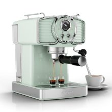 Retro espresso coffee machine in mint green with a milk frother, 20 bar pressure, and a 1.8L removable water tank, ideal for making cappuccinos, lattes, and espressos