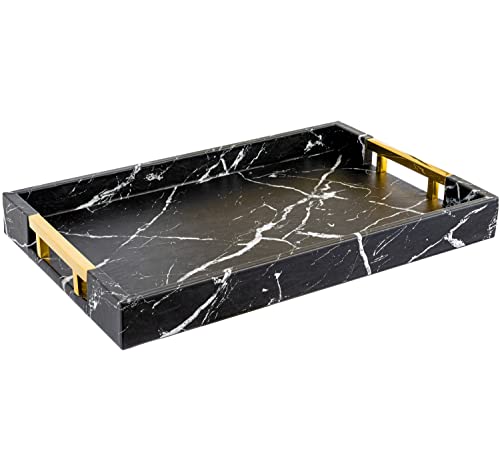 Home Redefined 18x12 Black Marble Faux Leather Tray with Gold Handles – Elegant Serving and Decorative Tray for Kitchen, Coffee Table, and Living Room